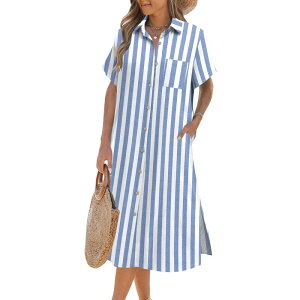 �W�[�O�[ ���f�B�[�X �g�b�v�X �����s�[�X Zeagoo Womensummer Dresshort Sleeve Casual Summer Sunress Tunic Dress Cover up with Pockets Blue White Stripe �z���C�g