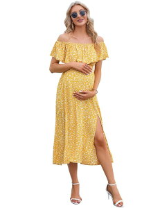 �N���A�t�����[ ���f�B�[�X �g�b�v�X �����s�[�X �}�^�j�e�B �}�L�V ClearFlower Maternity Dress Off Shoulder Split Maxi Dress Photography Dress for Babyshower Floral Yellow �C�G���[