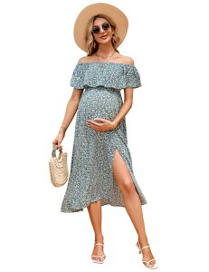 �N���A�t�����[ ���f�B�[�X �g�b�v�X �����s�[�X �}�^�j�e�B �}�L�V ClearFlower Maternity Dress Off Shoulder Split Maxi Dress Photography Dress for Babyshower Flower Light Green �O���[��