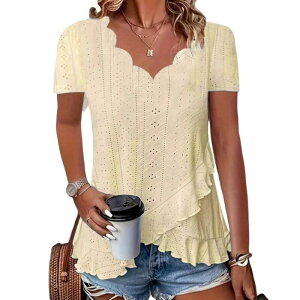 �C�G�X�t�@�b�V���� ���f�B�[�X �g�b�v�X T�V���c �t���� �u���E�X ���[�X Yesfashion Women's Boho Lace Hollow Out Blouse Short Sleeve Ruffled Casual Summer Top Yellow �C�G���[
