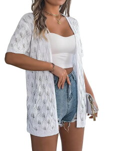 �G���[�g�`���C�X ���f�B�[�X �A�E�^�[ �j�b�g�E�Z�[�^�[ �J�[�f�B�K�� Elitechoice Women'short Sleeve Open Front Knit Cardigan Hollow Out Leaf Pattern Lightweight Cover Up White �z���C�g