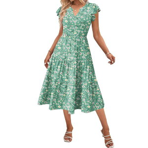 �W�[�O�[ ���f�B�[�X �g�b�v�X �����s�[�X V�l�b�N �e�B�A�[�h �~�f�B Zeagoo Women's V Neck Tie red Midi Swing Dresshort Sleeve Sundress with Pockets Green Tiny Floral �O���[��
