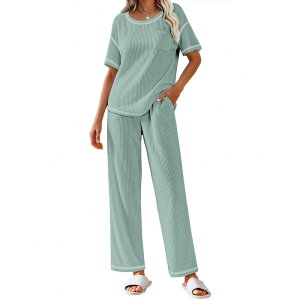 �G�R�A�[ ���f�B�[�X �A���_�[�E�F�A �i�C�g�E�F�A �j�b�g Ekouaer Women Waffle Knit Lounge Setshort Sleeve Top and Long Pant Pajama Set Loungewear 2 Piece Light Green �O���[��