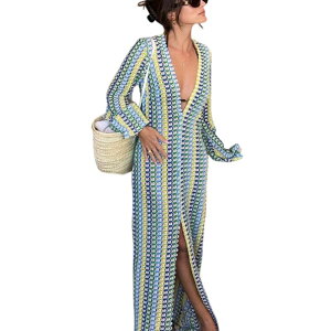 �R�W���C�� ���f�B�[�X �g�b�v�X �����s�[�X �j�b�g �}�L�V Kojooin Women'striped Crochet Knit Maxi Cover-Up Open Front Long Sleeve Beach Kimono Dress Blue �u���[