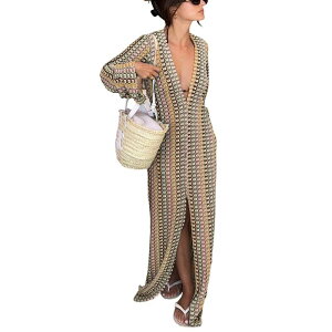 �R�W���C�� ���f�B�[�X �g�b�v�X �����s�[�X �j�b�g �}�L�V Kojooin Women'striped Crochet Knit Maxi Cover-Up Open Front Long Sleeve Beach Kimono Dress Brown �u���E��