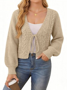 �t�@���W�����C ���f�B�[�X �A�E�^�[ �j�b�g�E�Z�[�^�[ �J�[�f�B�K�� FUNJULY Womens Tie Front Bow Cardigan Sweaters Long Sleeve Outerwear Camel �L������