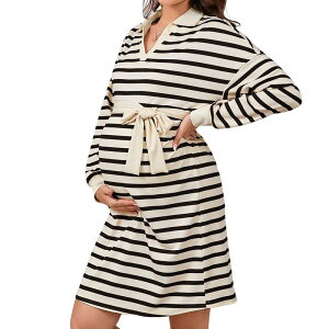 �G���[�g�X�s���b�g ���f�B�[�X �g�b�v�X �����s�[�X �|���V���c �~�j �}�^�j�e�B EliteSpirit Women's Maternity Mini Dress Polo Neck Long Sleevestriped Pattern Dress with Belt Black �u���b�N