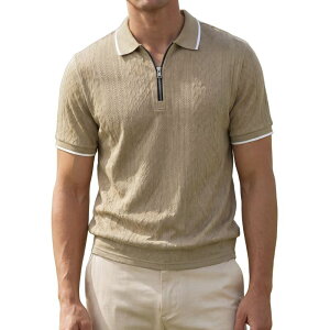 �C���X�p�C�A �V�b�N ���f�B�[�X �g�b�v�X T�V���c �n�[�t�W�b�v �|���V���c �j�b�g INSPIRE CHIC Men's Textu red Knit Polo Shirt Short Sleeve Quarter Zip Jacquard Golf Shirts Khaki �J�[�L