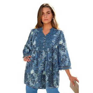���A�}���Y ���f�B�[�X �g�b�v�X T�V���c ���[�X�g���� �v���X�T�C�Y �_�E�� ���[�X Roaman's Women's Plusize Juliet Lace Trim Button-Down Shirt Blue Butterfly Blooms �u���[
