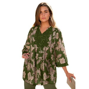 ���A�}���Y ���f�B�[�X �g�b�v�X T�V���c ���[�X�g���� �v���X�T�C�Y �_�E�� ���[�X Roaman's Women's Plusize Juliet Lace Trim Button-Down Shirt Dark Olive Bali �I���[�u