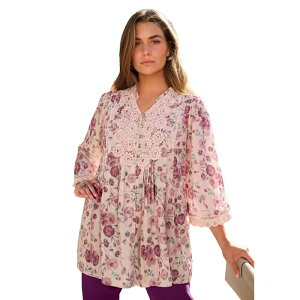 ���A�}���Y ���f�B�[�X �g�b�v�X T�V���c ���[�X�g���� �v���X�T�C�Y �_�E�� ���[�X Roaman's Women's Plusize Juliet Lace Trim Button-Down Shirt Lilac Whimsical Floral ���C���b�N