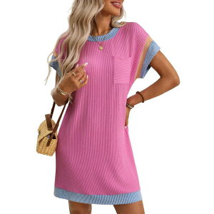�C�G�X�t�@�b�V���� ���f�B�[�X �g�b�v�X �����s�[�X �N���[�l�b�N �~�j Yesfashion Women's Crew Neck Color Block Short Sleeve Casual Basic Loose Summer Mini Dresses with Pocket Pink �s���N