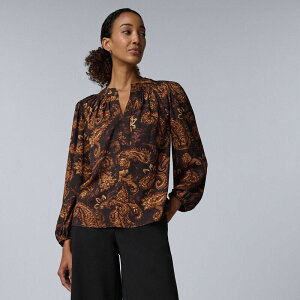 ���F���E�H�� ���f�B�[�X �g�b�v�X �V���c �V���[�����O �u���E�X Women'simply Vera Wang Long Sleeve Smocked Neck Blouse Brown Red Paisley ���b�h
