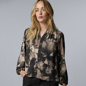 ���F���E�H�� ���f�B�[�X �g�b�v�X �V���c �v�` �V���[�����O �u���E�X Petite Simply Vera Wang Long Sleeve Smocked Neck Blouse Tan Lush Floral �^��