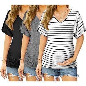 �G�R�A�[ ���f�B�[�X �g�b�v�X T�V���c V�l�b�N �M���U�[ �u���E�X �}�^�j�e�B Ekouaer 3 Pack Maternity Shirts V Neck Dolman Sleeve Side Ruched Pregnancy Tops Tunic Blouse Black Grey Stripe �u���b�N