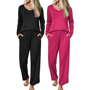 �G�R�A�[ ���f�B�[�X �A���_�[�E�F�A �i�C�g�E�F�A V�l�b�N ���u �j�b�g Ekouaer Two Pack Womens Ribbed Knit Pajama Sets V Neck Long Sleeve Pajamas Loose Outfitset Black Rose Red �u���b�N