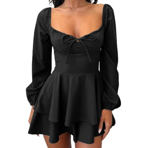 �W���C�W���C ���f�B�[�X �g�b�v�X �����s�[�X �w���J�� JoyJoy Women's Fashion Simple Long Sleeve Dress Backless Drawstring Dress Neck Tie Slim Waist Dress Black �u���b�N