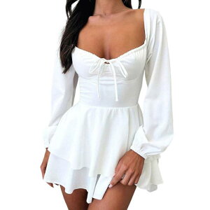 �W���C�W���C ���f�B�[�X �g�b�v�X �����s�[�X �w���J�� JoyJoy Women's Fashion Simple Long Sleeve Dress Backless Drawstring Dress Neck Tie Slim Waist Dress White �z���C�g