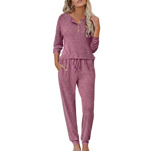 �G�R�A�[ ���f�B�[�X �A���_�[�E�F�A �i�C�g�E�F�A �w�����[�l�b�N Ekouaer Womens Pajama Sets Long Sleeve Lounge Setwo Piece Pajama Sets Henley Neck Sleepwear Deep Red ���b�h