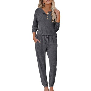 �G�R�A�[ ���f�B�[�X �A���_�[�E�F�A �i�C�g�E�F�A �w�����[�l�b�N Ekouaer Womens Pajama Sets Long Sleeve Lounge Setwo Piece Pajama Sets Henley Neck Sleepwear Grey �O���[