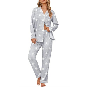 �G�R�A�[ ���f�B�[�X �A���_�[�E�F�A �i�C�g�E�F�A �{�^���_�E�� �p���c �_�E�� Ekouaer Womens Pajama Sets Button Down Pajama Sets Two Piece Long Sleeve and Pants Loungewear Set Light Grey Star �O���[