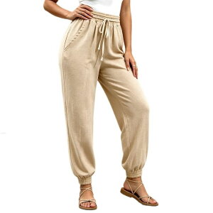 �C�G�X�t�@�b�V���� ���f�B�[�X �{�g���X �J�W���A���p���c �n�C�E�G�X�g ���l�� Yesfashion Women's Elastic Drawstring High Waist Linen Jogger Casual Pants with Side Pockets Apricot �A�v���R�b�g