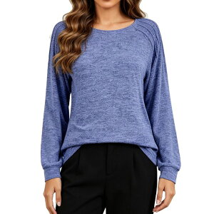 �N���A�t�����[ ���f�B�[�X �g�b�v�X T�V���c �N���[�l�b�N �v���[�c ClearFlower Women Crew Neck Long Sleeve Tunic Topleated Stripe Detailoose Fit Casual Pullover Shirt Blue �u���[