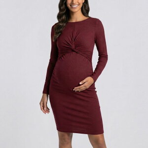 �A���i�J�V ���f�B�[�X �g�b�v�X �����s�[�X ���u �}�^�j�e�B Anna-Kaci Women's Maternity Ribbed Long Sleeve Bodycon Dress with Frontwist Detail Burgundy �o�[�K���f�B