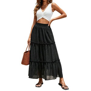 �N���A�t�����[ ���f�B�[�X �{�g���X�J�[�g �e�B�A�[�h �t���� �V���[�����O �}�L�V ClearFlower Womenswiss Dotie red Elastic Smocked Waist Ruffled Hemaxi Skirt Black �u���b�N