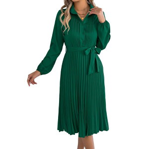 �R�W���C�� ���f�B�[�X �g�b�v�X �����s�[�X V�l�b�N A ���C�� �v���[�c �~�f�B Kojooin Women's Long Sleeve Pleated Midi Dress V-Neck A-Line Flowy Dress with Belt Green �O���[��