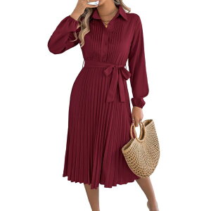 �R�W���C�� ���f�B�[�X �g�b�v�X �����s�[�X V�l�b�N A ���C�� �v���[�c �~�f�B Kojooin Women's Long Sleeve Pleated Midi Dress V-Neck A-Line Flowy Dress with Belt Wine Red ���b�h