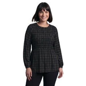 �A�x�j���[ ���f�B�[�X �g�b�v�X T�V���c �v���X�T�C�Y �V���[�����O Avenue Women's Plusize Sela Smocked Long Sleeve Top Black Watch Plaid �u���b�N