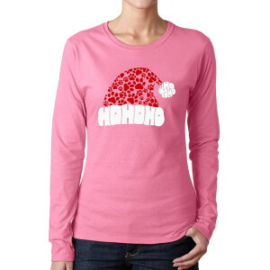 �G���G�[�|�b�v�A�[�g ���f�B�[�X �g�b�v�X T�V���c �v�����g LA Pop Art Paw Print Santa Hat - Women's Word Art Long Sleeve T-Shirt Pink �s���N