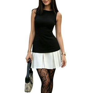 �C�G�X�t�@�b�V���� ���f�B�[�X �g�b�v�X �����s�[�X �v���[�c �~�j �m�[�X���[�u Yesfashion Women's Color Block Sleeveless Pleated Mini Dress Two Tone Bodycon Date Short Dress Black �u���b�N
