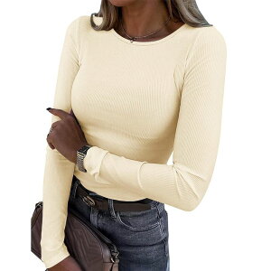�W�[�O�[ ���f�B�[�X �g�b�v�X T�V���c �N���[�l�b�N ���u Zeagoo Women'stretch Crewneck Ribbed Long Sleeve T-Shirt Fitted Basicasual Tops Beige �x�[�W��