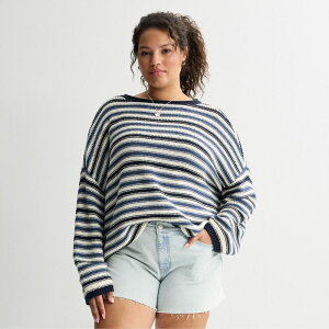 �G�X�I�[ ���f�B�[�X �A�E�^�[ �j�b�g�E�Z�[�^�[ �v���X�T�C�Y Juniors' Plusize SO Textu red Boatneck Sweater Navy Stripe Combo �l�C�r�[