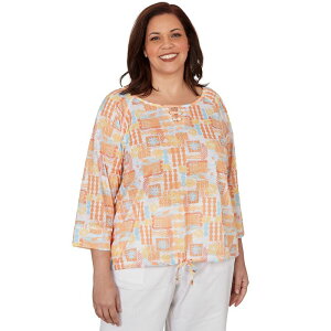 �n�[�c�I�u�p�[�� ���f�B�[�X �g�b�v�X T�V���c �v���X�T�C�Y �v�����g Hearts of Palm Plusize Fun In The Sun Printed Slublouson With 3/4 Sleeves Tangerine Multi �^���W�F����