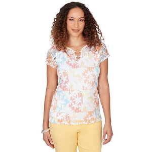 �n�[�c�I�u�p�[�� ���f�B�[�X �g�b�v�X T�V���c �v�����g �j�b�g Hearts of Palm Women's Fun In The Sun Printed Textu red Knit Sleeve Top Tangerine Multi �^���W�F����