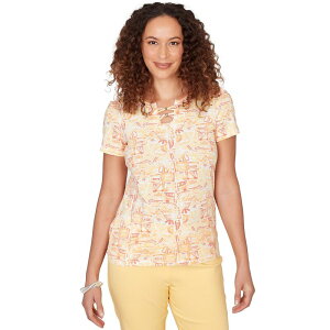 �n�[�c�I�u�p�[�� ���f�B�[�X �g�b�v�X T�V���c �v�����g �W���[�W�[ Hearts of Palm Women's Fun In The Sun Printed Stretch Jersey Short Sleeve Bead Neck Top Lemon Multi �}���`�J���[