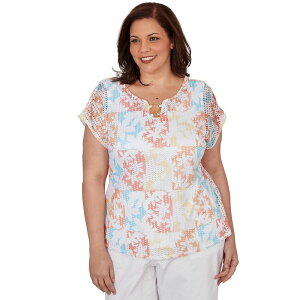 �n�[�c�I�u�p�[�� ���f�B�[�X �g�b�v�X T�V���c �v���X�T�C�Y �v�����g �j�b�g Hearts of Palm Plusize Fun In The Sun Printed Textu red Knit Sleeve Top Tangerine Multi �^���W�F����