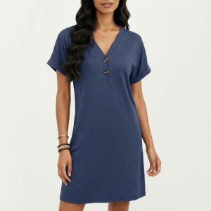 �A���i�J�V ���f�B�[�X �g�b�v�X �����s�[�X �����b�N�X�t�B�b�g V�l�b�N Anna-Kaci Women'short Sleeve V Neck Shift Dress with Button Detail Relaxed Fit Casual Tunic Dress Navy �l�C�r�[