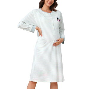 �C���X�p�C�A �V�b�N ���f�B�[�X �A���_�[�E�F�A �i�C�g�E�F�A �}�^�j�e�B �}�L�V INSPIRE CHIC Women's Maternity Nightgown Built-in Bra Long Sleeve Buttons Maxi Striped Pajama Dress with Pockets Grey �O���[