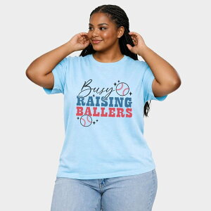Simply Sage Market ���f�B�[�X �g�b�v�X T�V���c �v���X�T�C�Y �O���t�B�b�N Simply Sage Market Busy Raising Ballers Baseball Colorful - Women's Plusized Garment Dyed Graphic T-Shirt Chambray