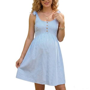 �N���A�t�����[ ���f�B�[�X �g�b�v�X �����s�[�X A ���C�� �V���[�����O �}�^�j�e�B ClearFlower Women's Maternity Striped Tie Shoulder Dressmocked Back A-Line Casual Summer Dress Baby Shower Blue Stripe �u���[