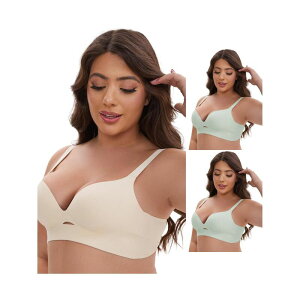 �C���X�p�C�A �V�b�N ���f�B�[�X �A���_�[�E�F�A �u���W���[ V�l�b�N �~�j INSPIRE CHIC 3 Packs Women's Wireless Deep V-Neck Push Up Minimizers Adjustable Spaghetti Straps No Show Bras Green Light Beige �O���[��