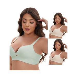 �C���X�p�C�A �V�b�N ���f�B�[�X �A���_�[�E�F�A �u���W���[ V�l�b�N �~�j INSPIRE CHIC 3 Packs Women's Wireless Deep V-Neck Push Up Minimizers Adjustable Spaghetti Straps No Show Bras Light Beige Green �O���[��