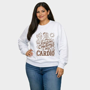 Simply Sage Market ���f�B�[�X �g�b�v�X T�V���c �v���X�T�C�Y �X�E�F�b�g �O���t�B�b�N Simply Sage Market Raising Cowboys Is My Cardio - Women's Plusized Graphic Sweatshirt White �z���C�g