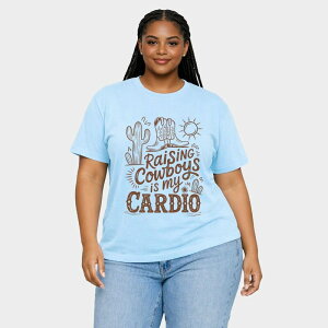 Simply Sage Market ���f�B�[�X �g�b�v�X T�V���c �v���X�T�C�Y �O���t�B�b�N Simply Sage Market Raising Cowboys Is My Cardio - Women's Plusized Garment Dyed Graphic T-Shirt Chambray