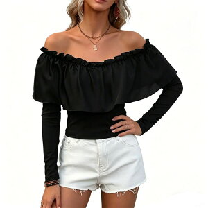 �G���[�g�X�s���b�g ���f�B�[�X �g�b�v�X �V���c �t���� �u���E�X EliteSpirit Women Long Sleeve Off Shoulderuffle Blouse Laye red Fitted Waist Casual Going Outop Black �u���b�N