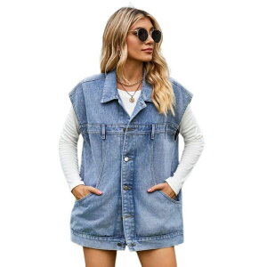 �C�G�X�t�@�b�V���� ���f�B�[�X �A�E�^�[ �W���P�b�g�E�u���]�� �{�^���_�E�� �x�X�g �m�[�X���[�u �_�E�� �f�j�� Yesfashion Women's Mid Long Jean Sleeveless Jackets Distressed Button Down Denim Vest Blue �u���[